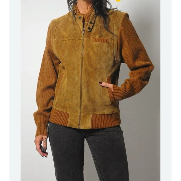 Precious Jackets & Blazers - Vintage 70s Suede & Knit Cardigan Sweater Jacket Brown Leather Rust Womens XL
